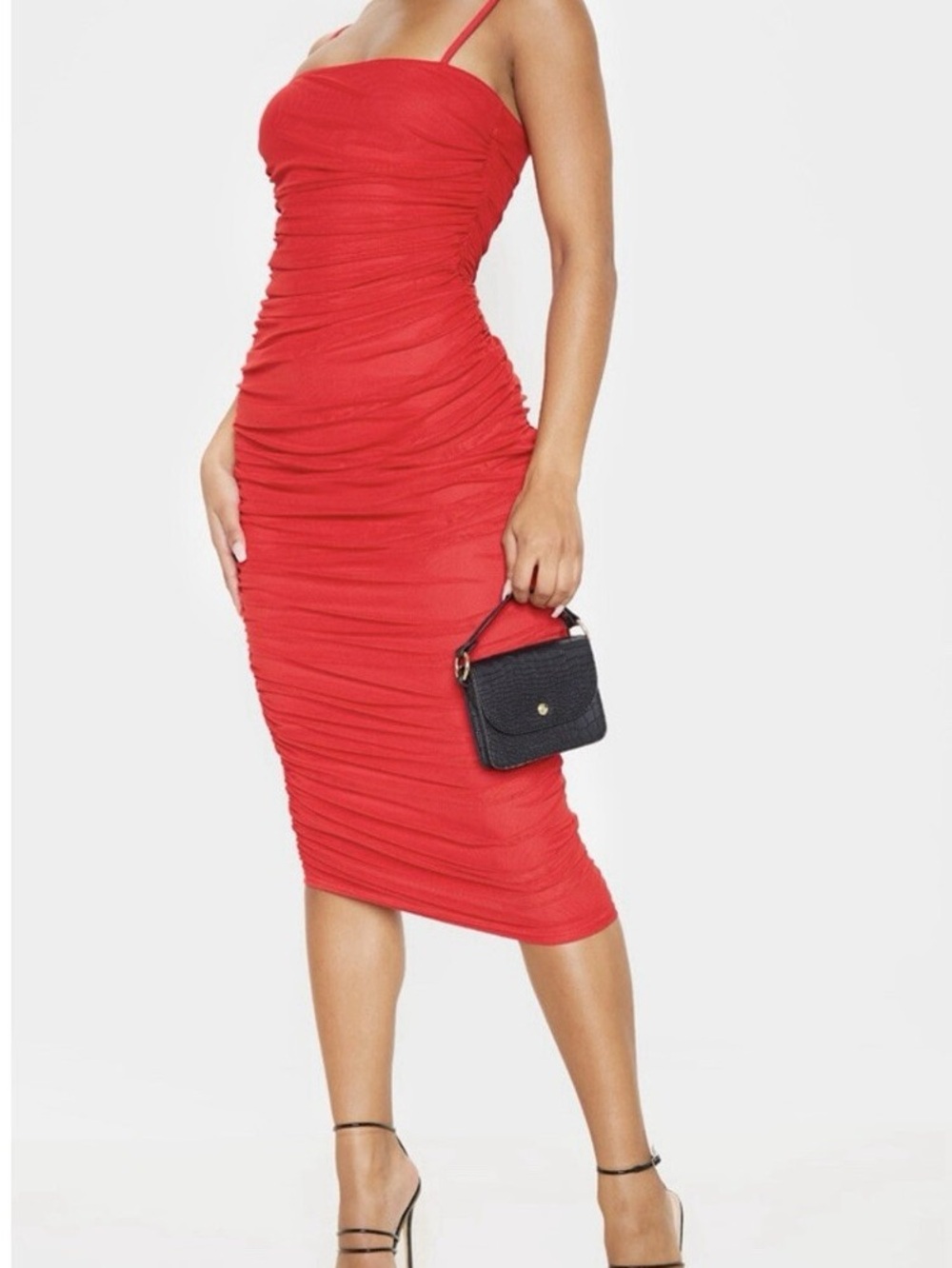 PrettyLittleThing Red Ruched Midi Dress